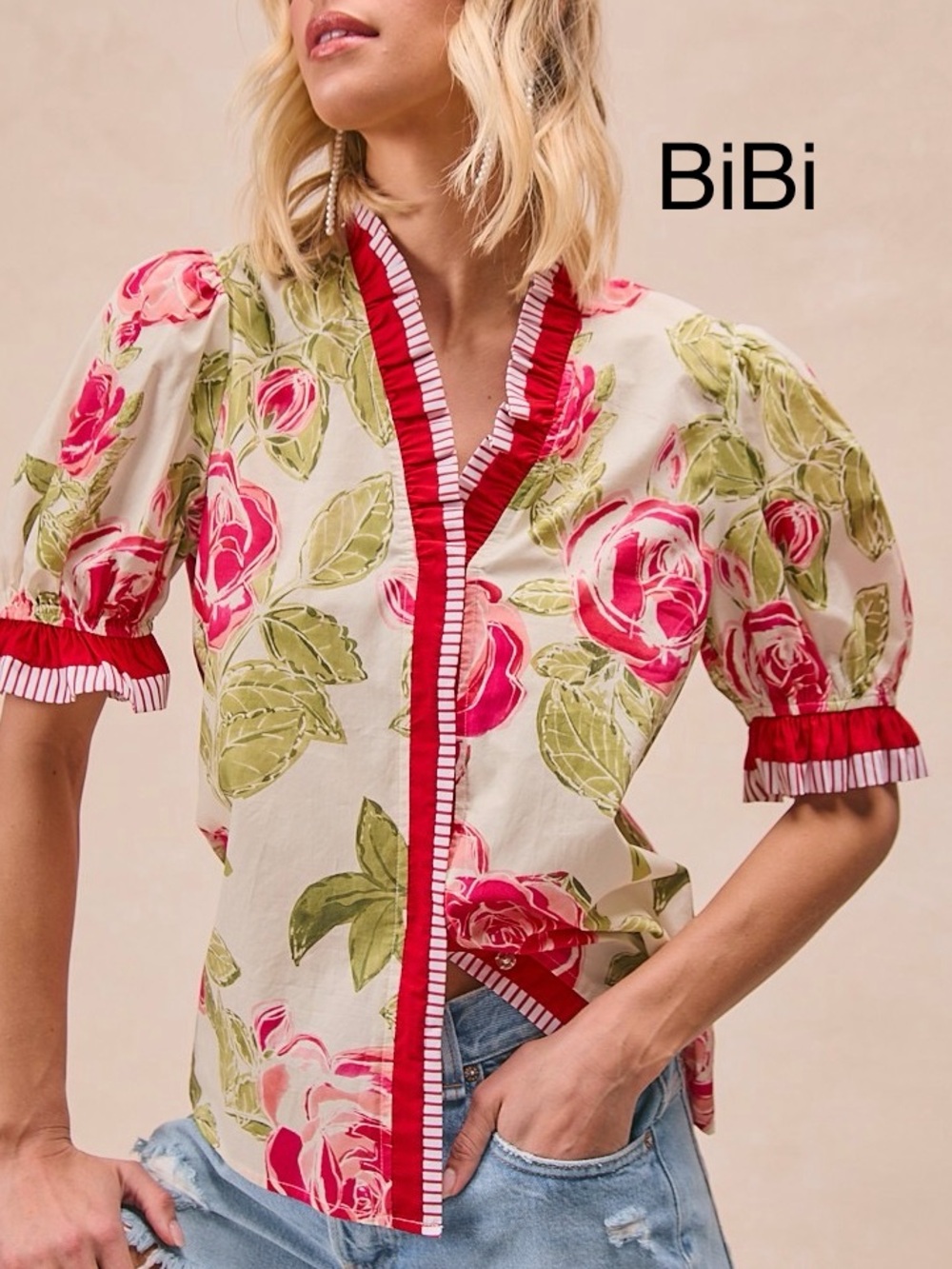 💖Hello Gorgeous! BiBi Floral Print Woven COTTON Ruffled Blouse-Coral